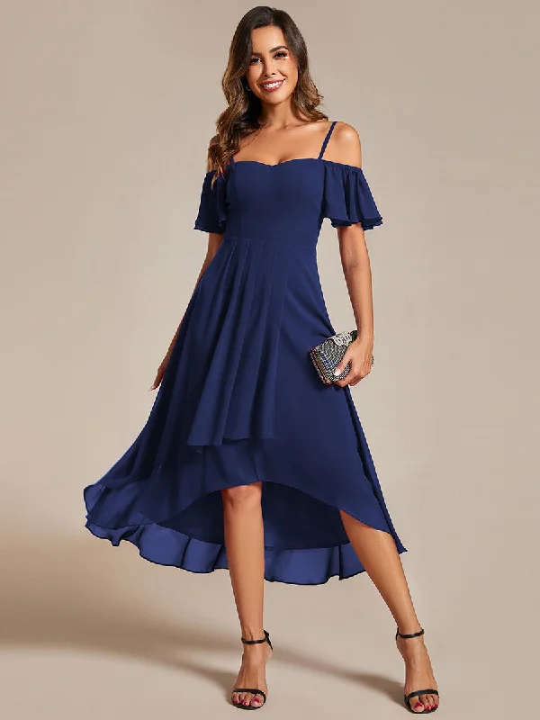 Chiffon Spaghetti Strap Cold Shoulder Tea Length Wedding Guest Dress