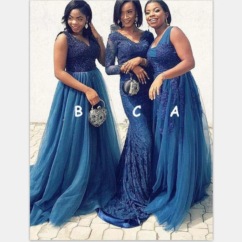 Mismatched Long Blue Elegant  Modest Bridesmaid Dresses with Appliques Beading ,WG392