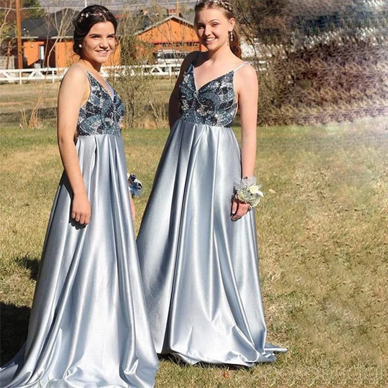 A-Line Spaghetti Straps Backless Blue Elegant Prom Dress, Bridesmaid Dresses, WG379