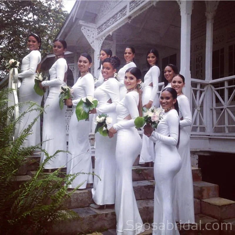 Long Sleeves White Unique Design Mermaid Elegant Bridesmaid Dresses, WG547