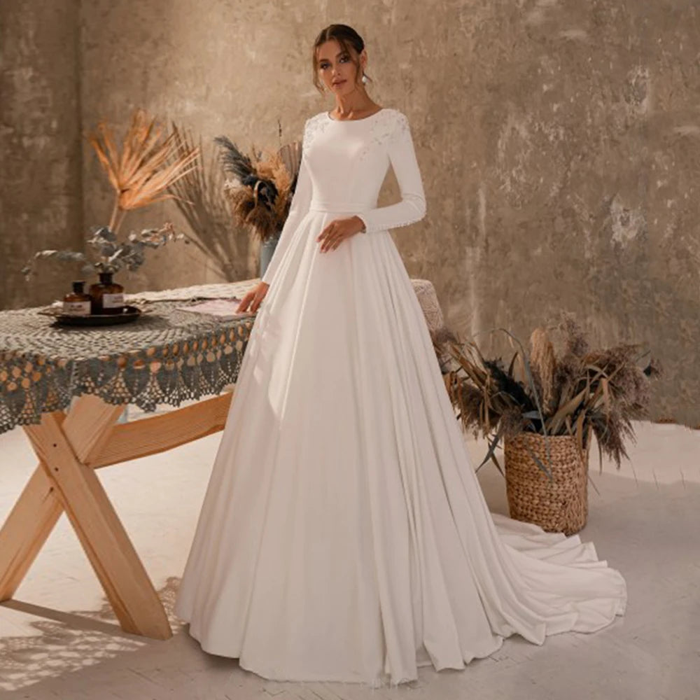 Elegant Wedding Dress Jiayigong Round Neck Long Sleeves Beading Pearls Buttons A Line Sweep Train Vestidos De Novia Bride Gown