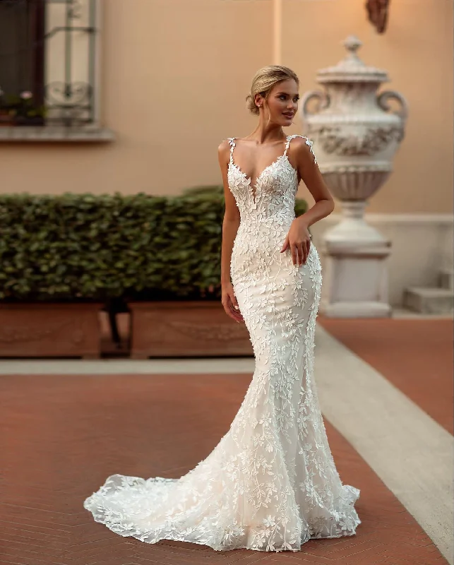 Exquisite Lace Mermaid Wedding Dresses vestido de novia Spaghetii Strap Bridal Gowns Appliqued Lace Wedding Gowns