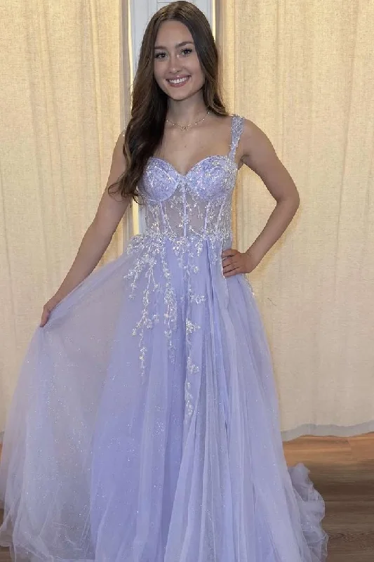 Lilac A-Line Straps Sweetheart Appliques Tulle Long Prom Dress