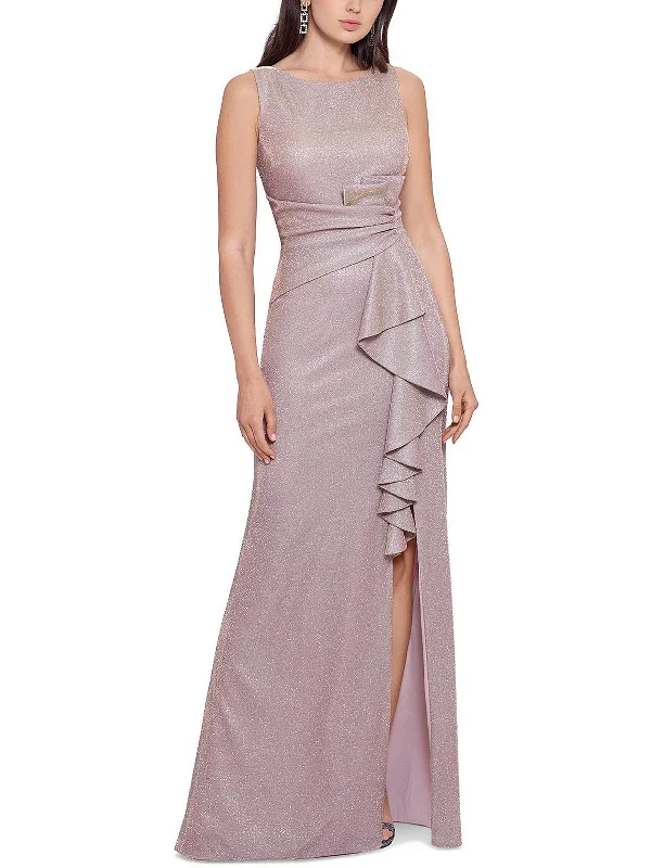 Petites Womens Ruffled Maxi Evening Dress