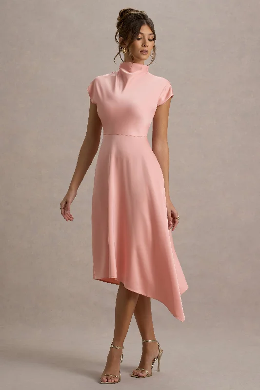 Velma | Light Pink Satin Midi Dress With Draped Hem