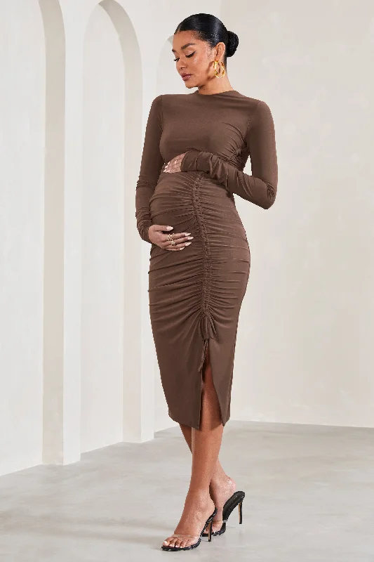 Eternal | Chocolate Brown Ruched Long-Sleeved Split Maternity Midi Dress