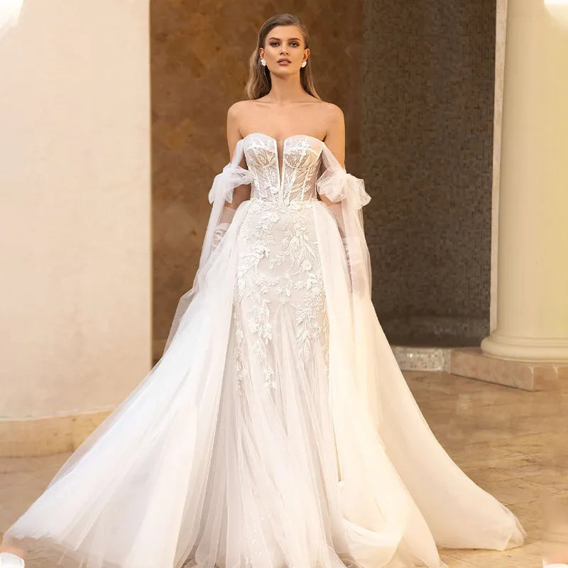 Gorgeous Off Shoulder Detachable Train Lace Appliques Sweetheart Wedding Dress Elegant Floral Pattern Tulle Mermaid Bridal Gown