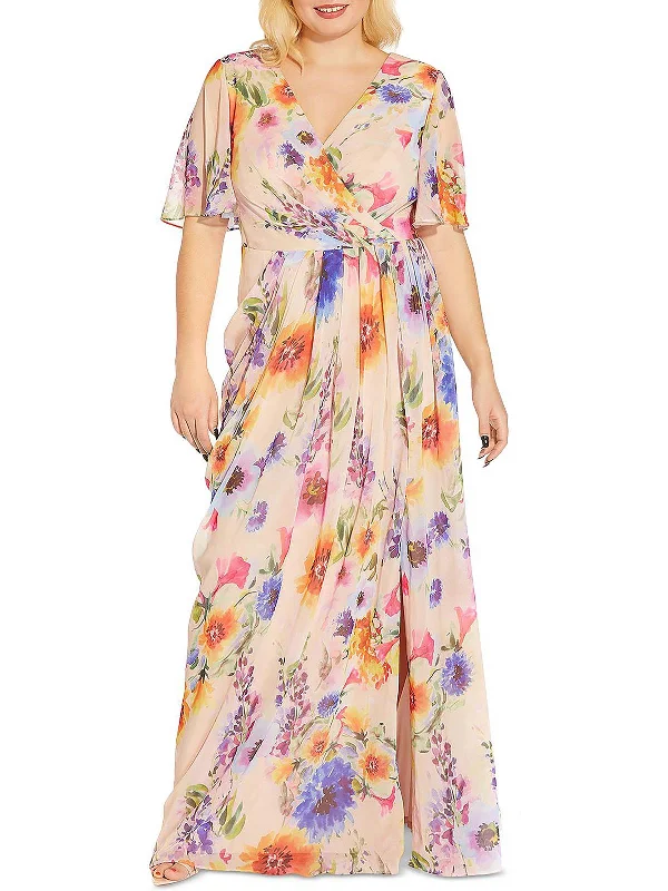 Plus Womens Floral Print Maxi Evening Dress