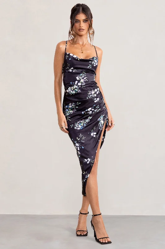 Risk It All | Black Floral Print Cowl Neck Satin Asymmetric Hem Midi Dress