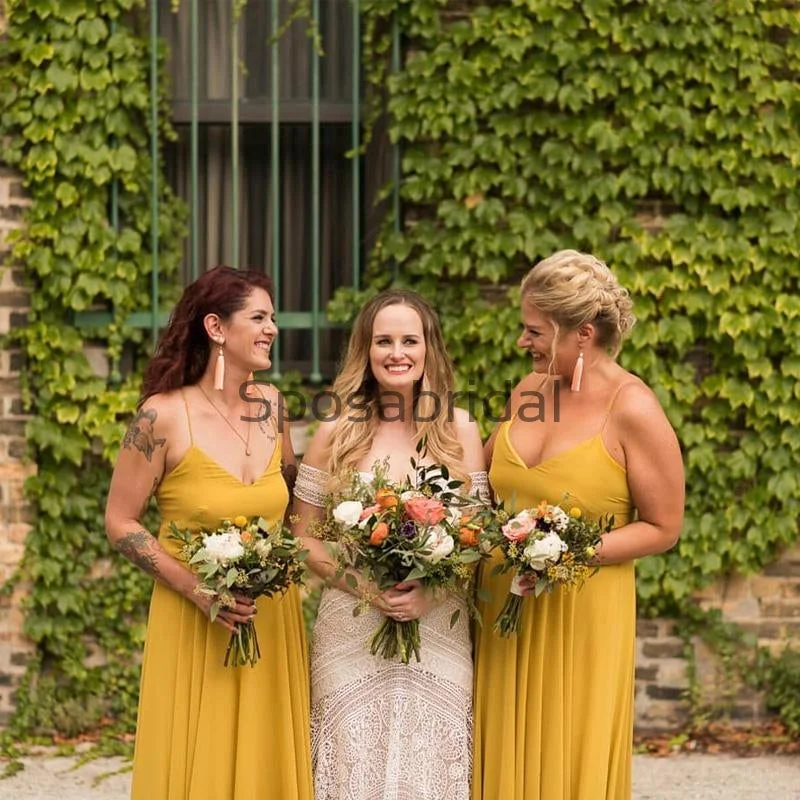 Yellow Spaghetti Straps Simple A-line  Bridesmaid Dresses WG678