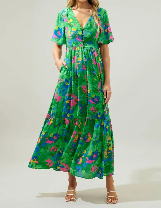 Paradise Falls Short Sleeve Maxi Dress In Multi