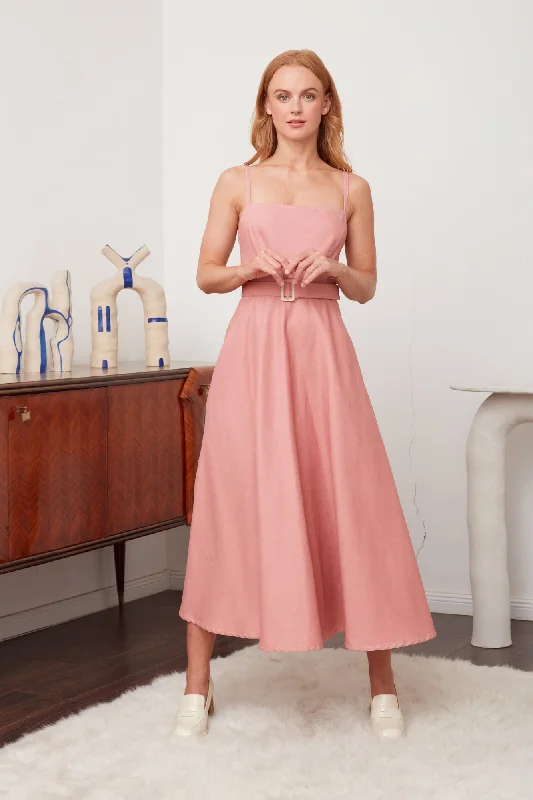 MATISSA pastel pink denim open back midi dress with retro skirt