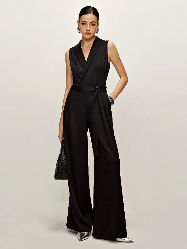 Plain Panel Sleeveless Belted Jumpsuit