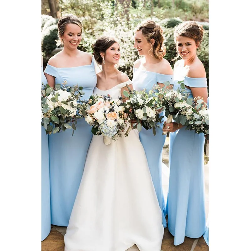 Sheath Off-Shoulder Light Blue Floor Length Simple Bridesmaid Dresses, WG523