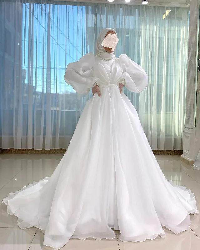 White Vestidos De Novia Muslim Wedding Dress for Women Bride White Organza High Neck Islamic Hijab Bridal Gown Puffy Sleeve