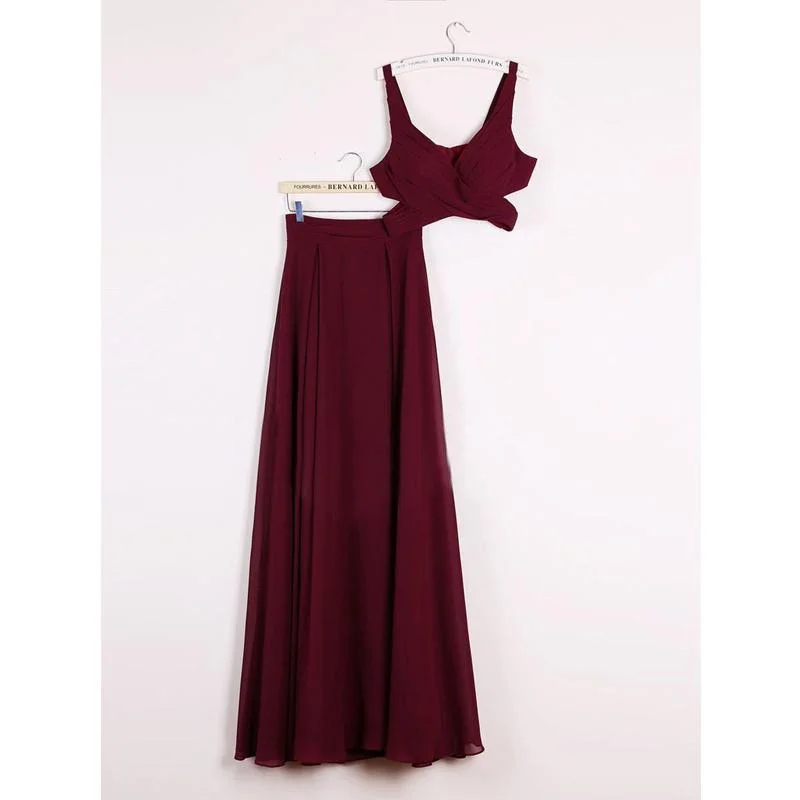 A Line 2 Pieces Plus Size Long Burgundy Chiffon Bridesmaids Dresses, WG342