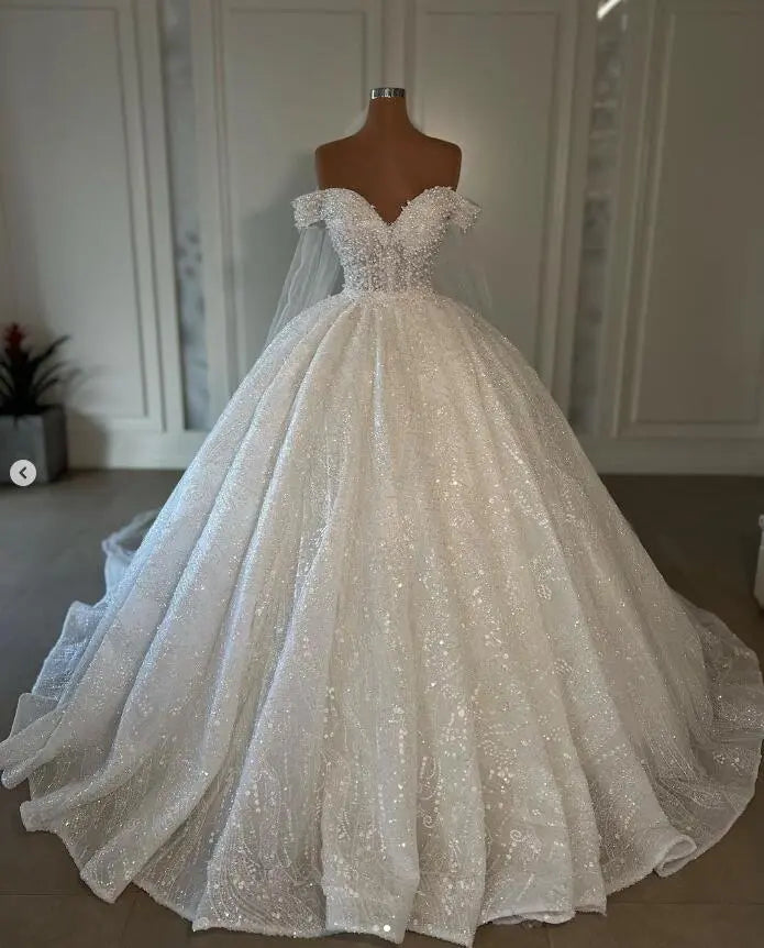 Sparkly Princess Off Shoulder Ball Gown Bride Dresses with Veil Beaded Wedding Dresses 2024 Sequins Sweetheart vestido de novia