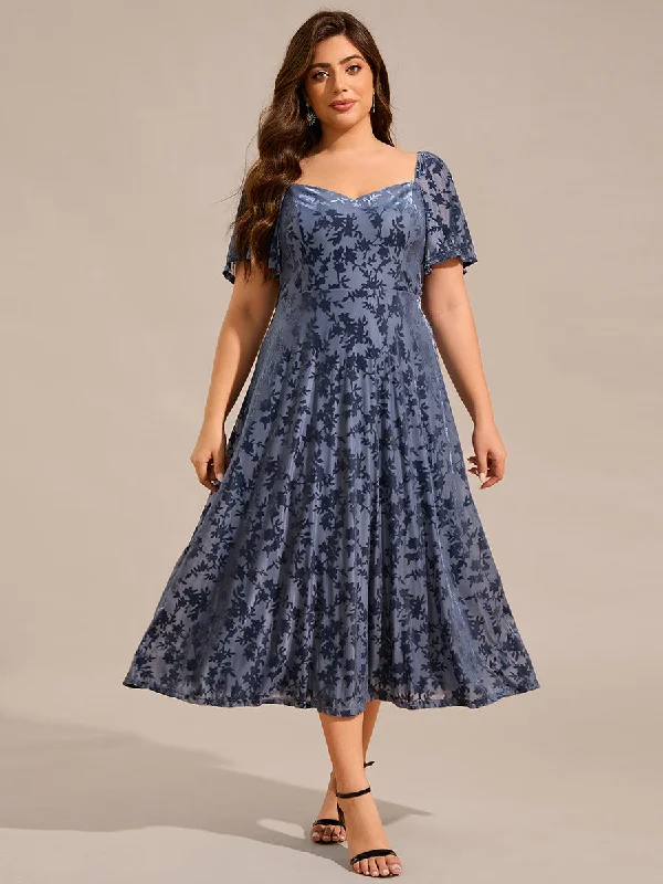 Plus Size Exquisite Square Neckline Tea length Wedding Guest Dresses with Jacquard Decoration