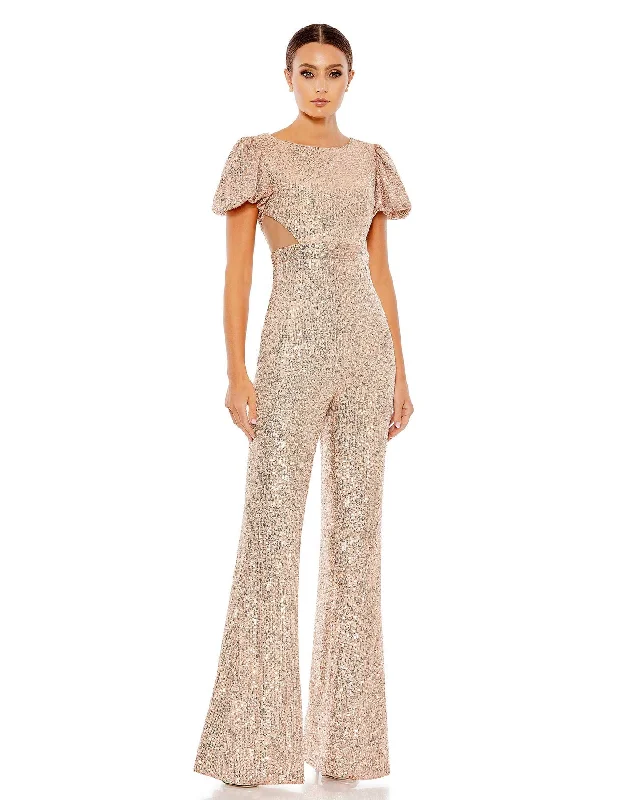 Sequined Puff Shoulder Illusion Cut Out Jumpsuit