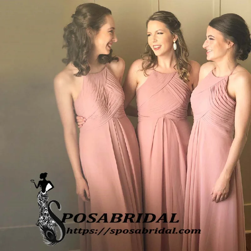 Glamorous Chiffon Halter Floor-length A-line Dusty Pink Cheap Modest Bridesmaid Dresses,WG335