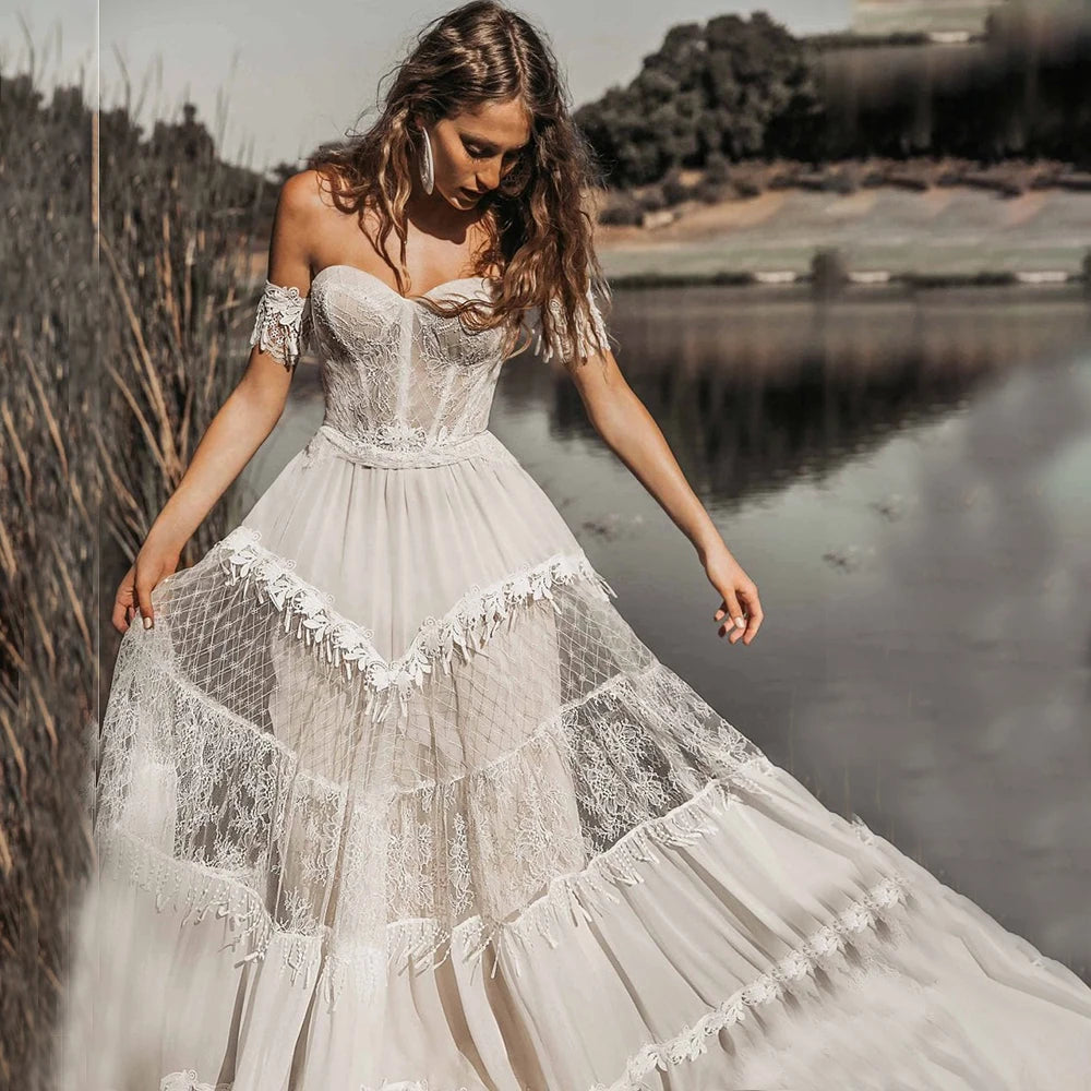 Elegant A-Line Wedding Dresses Women Open Back Off The Shoulder Sweetheart Lace Boho Bridal Gown Sweep Train Vestidos De Noiva