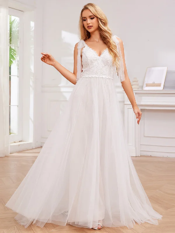 Exquisite Deep V Neck Sleeveless Lace Tulle Empire Waist Wedding Dresses with Bowknot Bandage