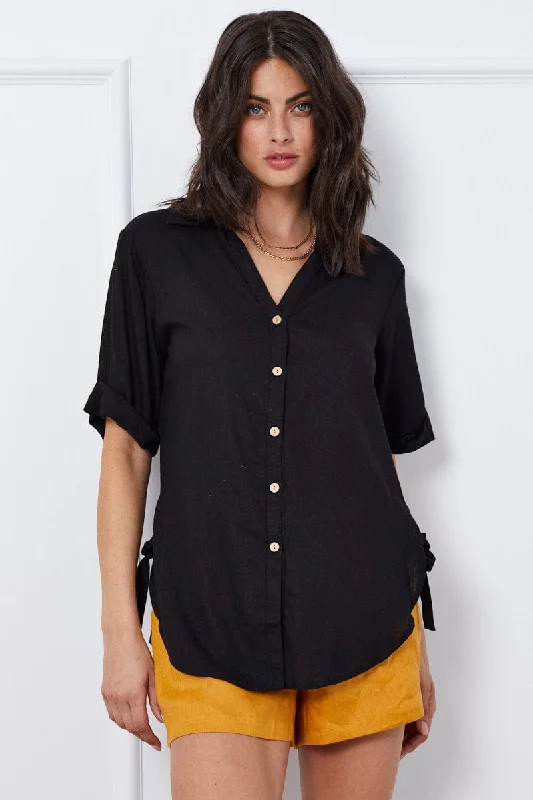 Black Relaxed Top Short Sleeve Linen