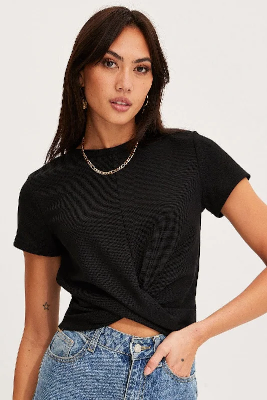 Black Twist Top Short Sleeve Crew Neck