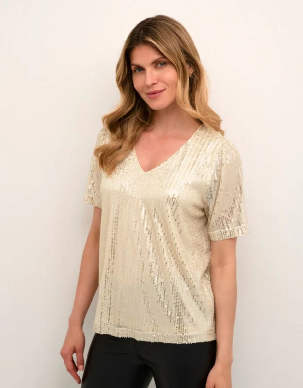 Kaffe Bolette V-Neck Sequin Blouse SAND DOLLAR & SILVER