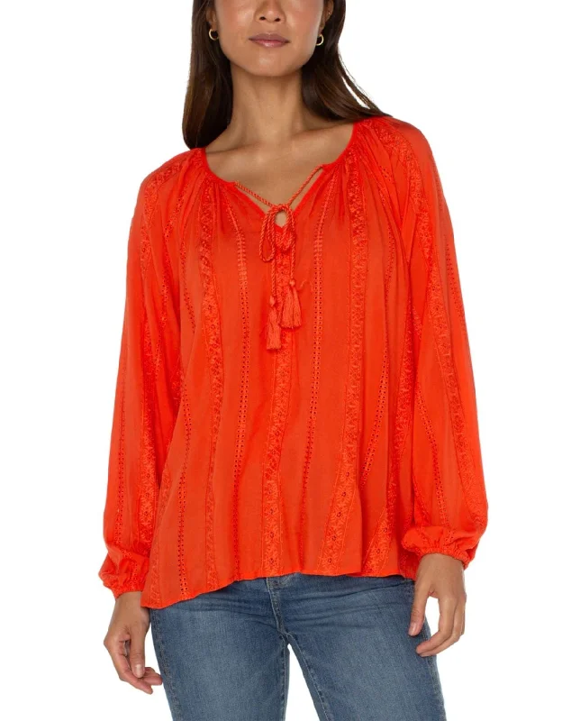 Liverpool Shirred Blouse W/Neck Ties CORAL BLAZE