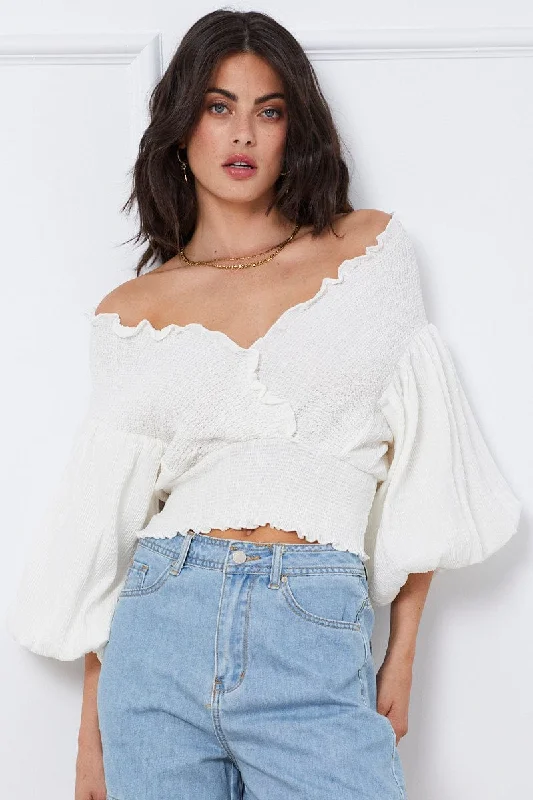 White Wrap Top Three-Quarter Off Shoulder Sweetheart